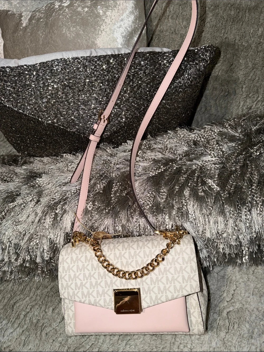 Michael Kors Pink and Vanilla Logo Chain Crossbody